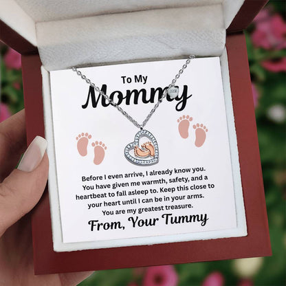 To My Mommy - A Heartbeat To Fall Asleep To - Baby Feet Heart Necklace