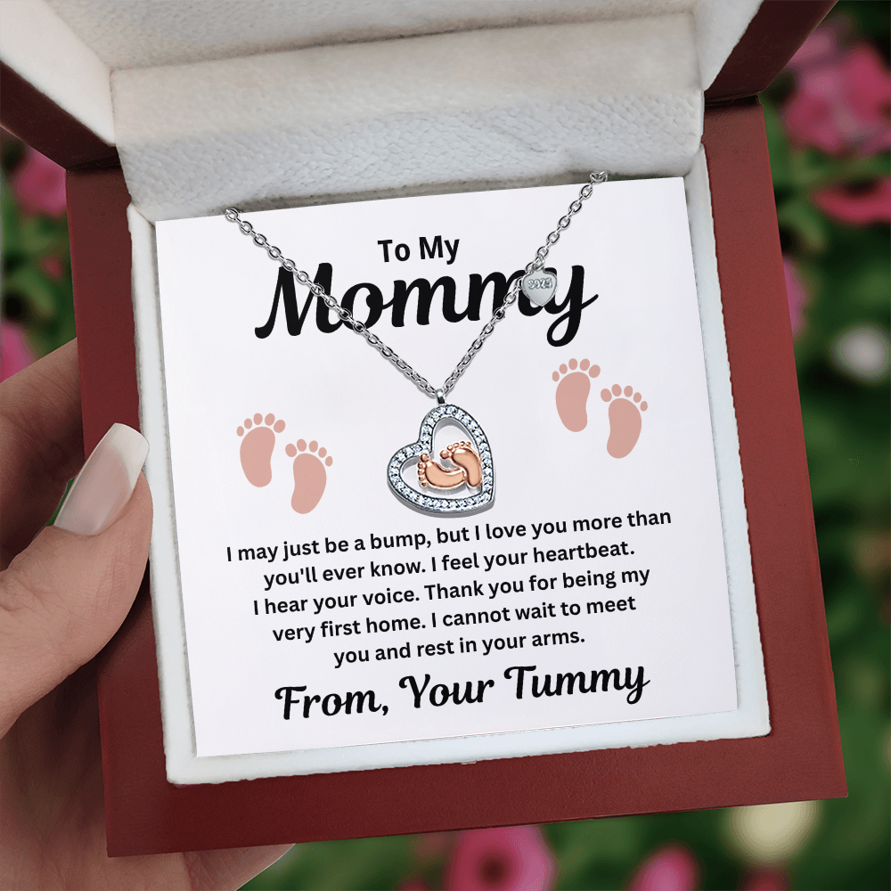 To My Mommy - My Very First Home - Baby Feet Heart Necklace