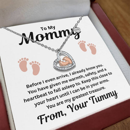 To My Mommy - A Heartbeat To Fall Asleep To - Baby Feet Heart Necklace