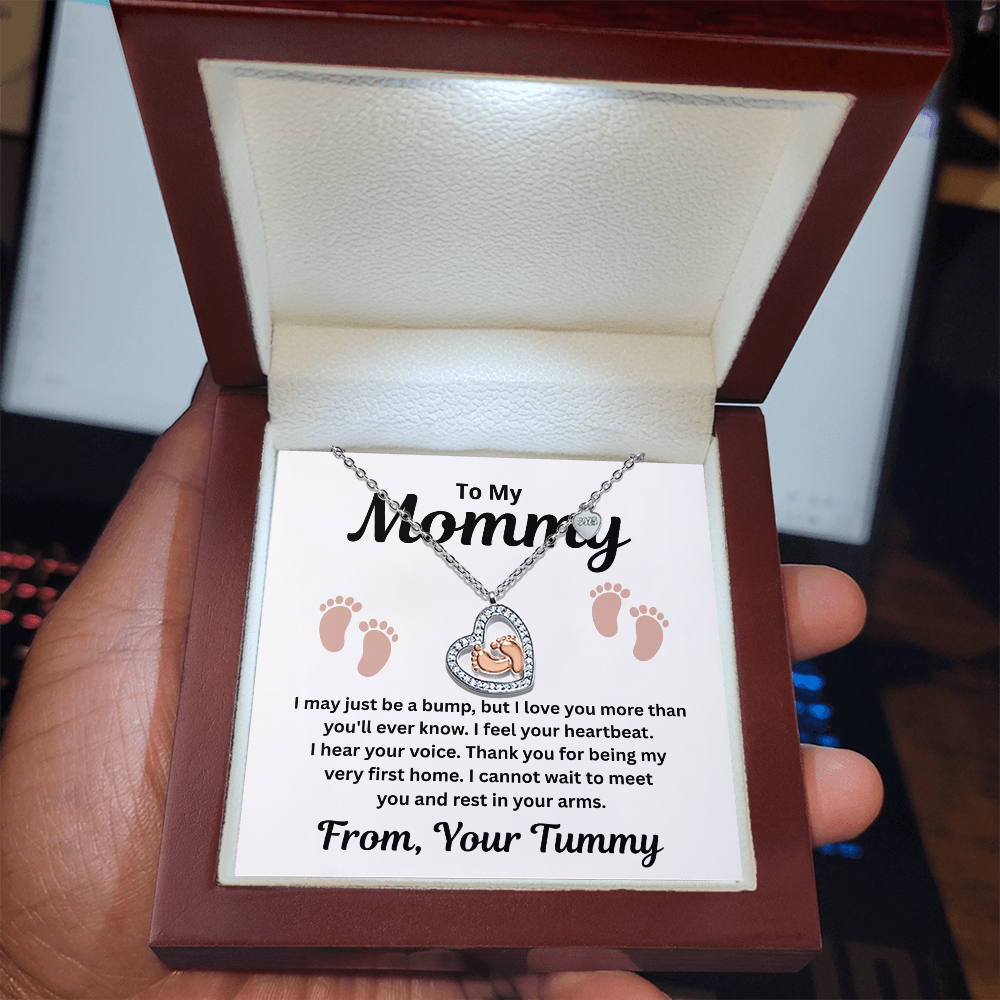 To My Mommy - My Very First Home - Baby Feet Heart Necklace