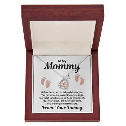 To My Mommy - A Heartbeat To Fall Asleep To - Baby Feet Heart Necklace